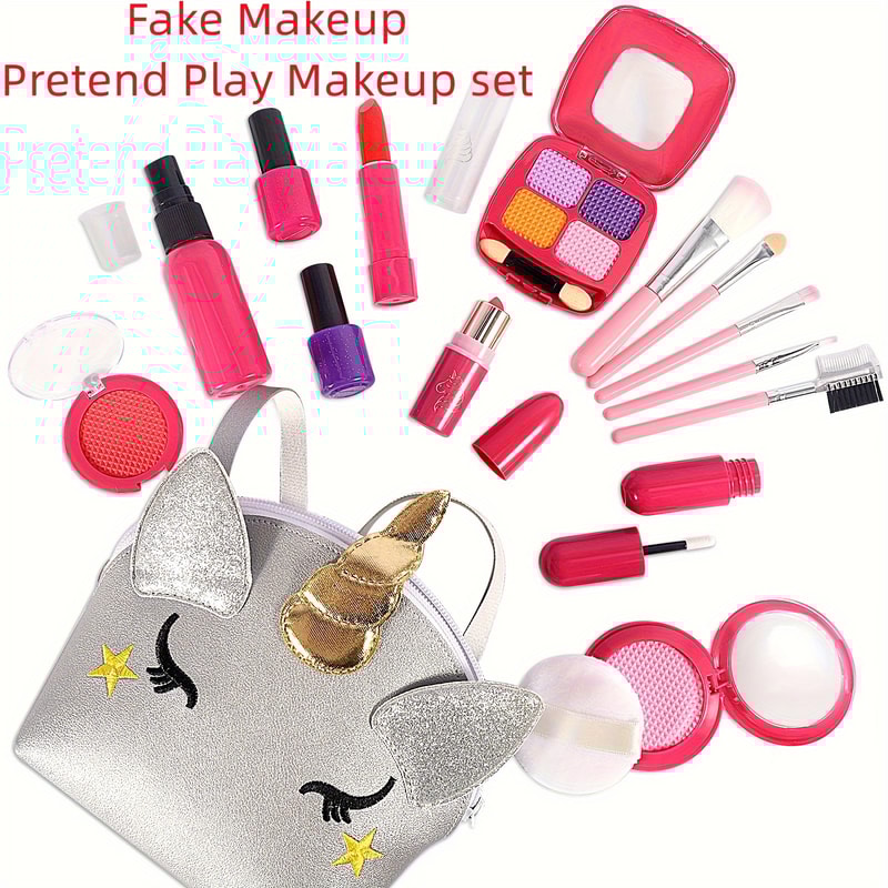 Toddler Makeup Kit, Girl Pretend Makeup for Little Girls with Unicorn Purse Bag