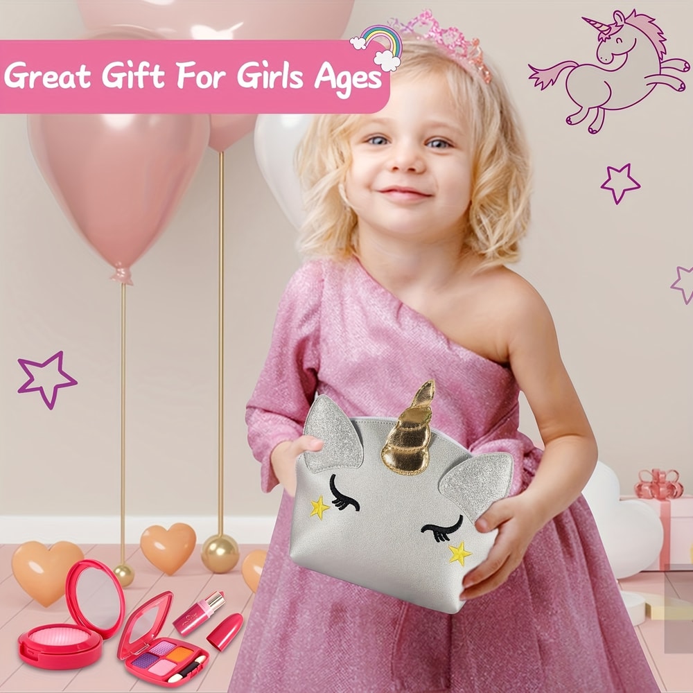 Toddler Makeup Kit, Girl Pretend Makeup for Little Girls with Unicorn Purse Bag