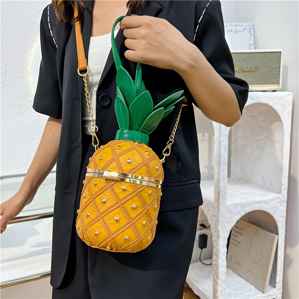 Novelty Women's Pineapple Crossbody Shoulder Handbag Hawaiian PU Leather Rivets Tote Bag for Girls
