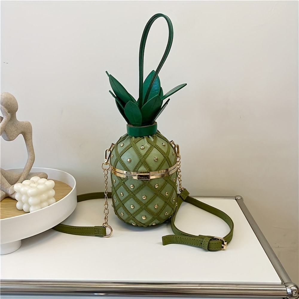 Novelty Women's Pineapple Crossbody Shoulder Handbag Hawaiian PU Leather Rivets Tote Bag for Girls