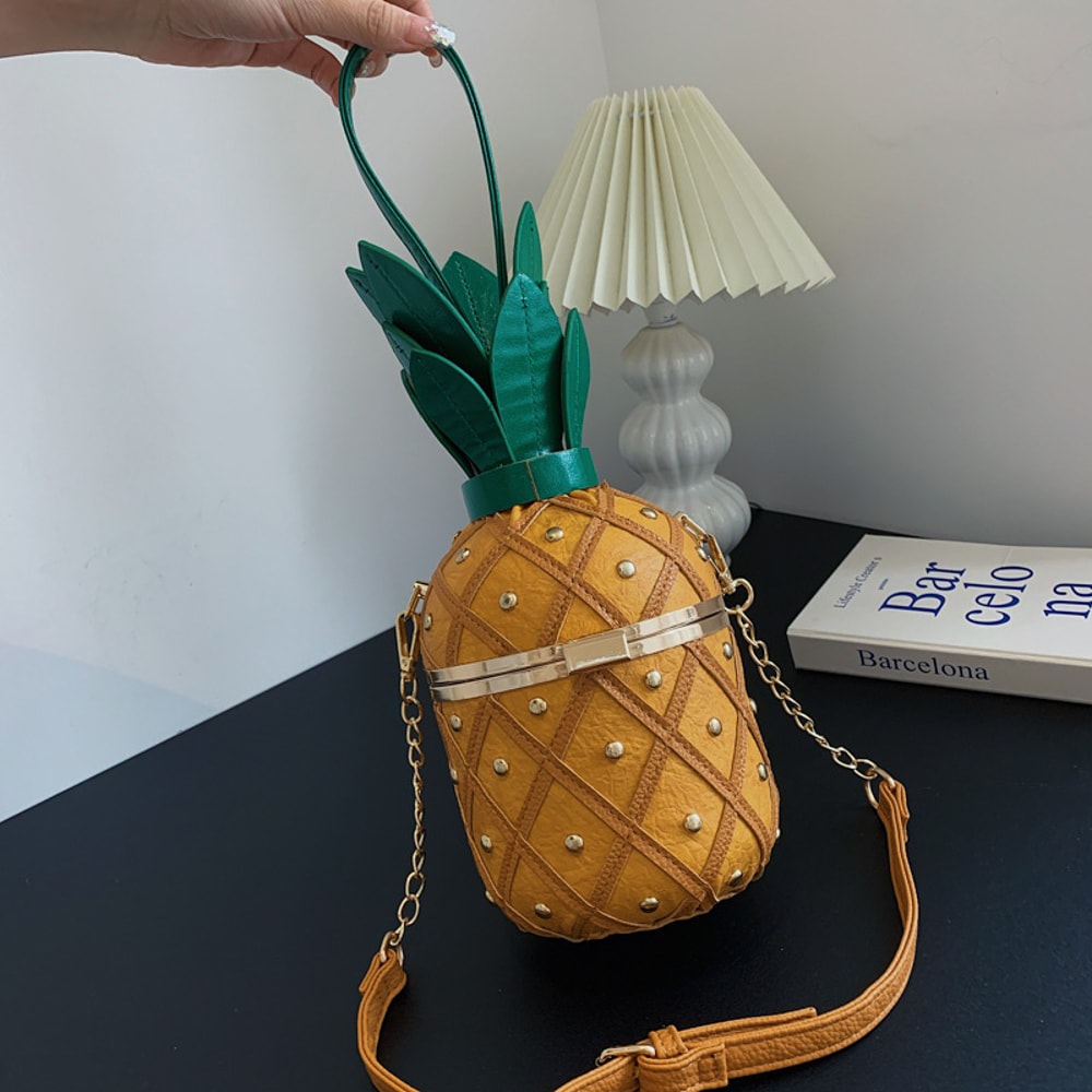 Novelty Women's Pineapple Crossbody Shoulder Handbag Hawaiian PU Leather Rivets Tote Bag for Girls
