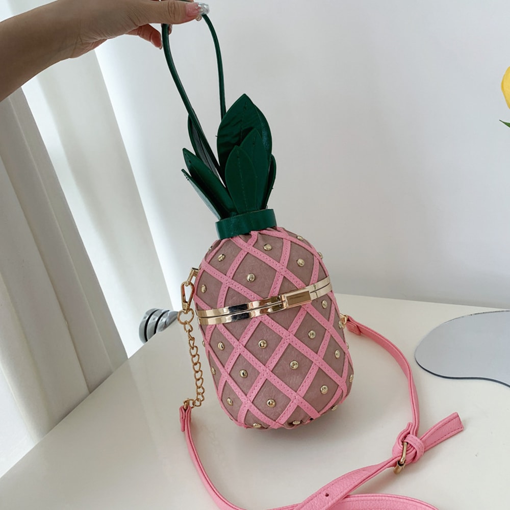 Novelty Women's Pineapple Crossbody Shoulder Handbag Hawaiian PU Leather Rivets Tote Bag for Girls