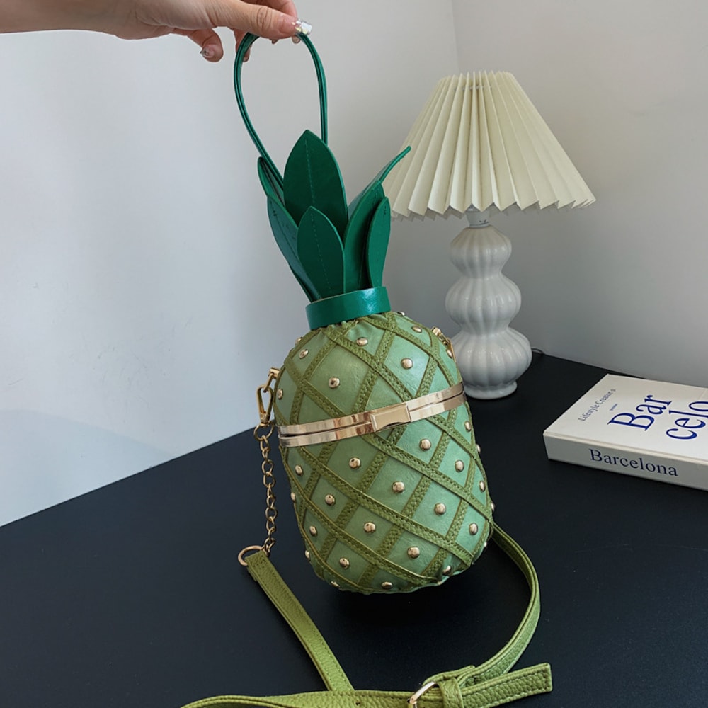 Novelty Women's Pineapple Crossbody Shoulder Handbag Hawaiian PU Leather Rivets Tote Bag for Girls