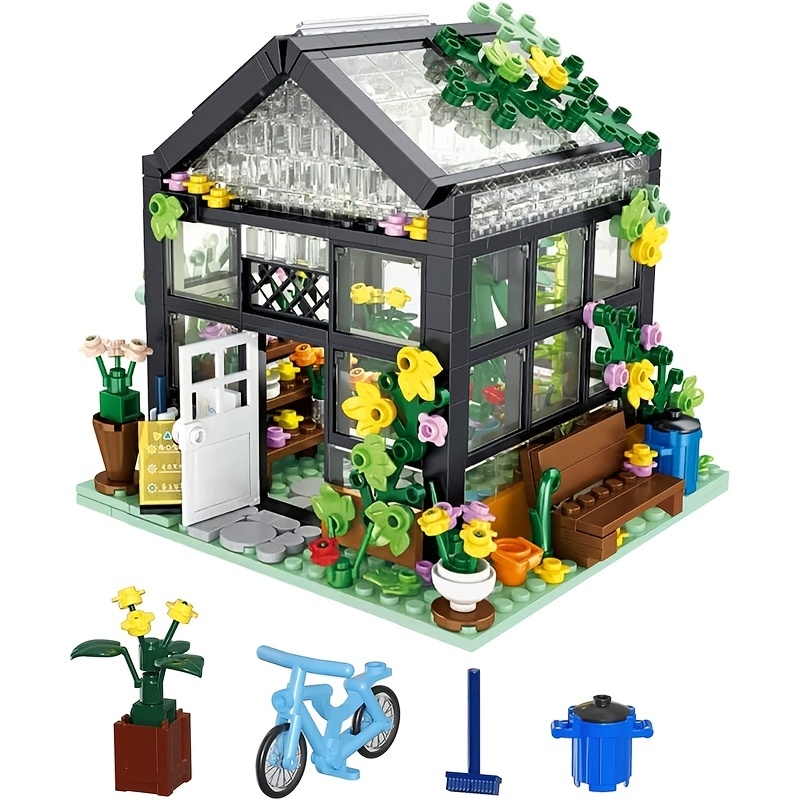 City Street Greenhouse Building Block, Flower House Building Set with LED Lights, Toy Garden Decor for Adults
