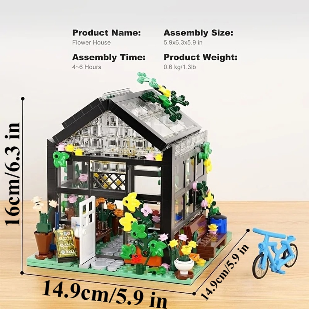 City Street Greenhouse Building Block, Flower House Building Set with LED Lights, Toy Garden Decor for Adults