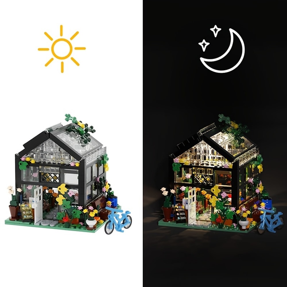 City Street Greenhouse Building Block, Flower House Building Set with LED Lights, Toy Garden Decor for Adults