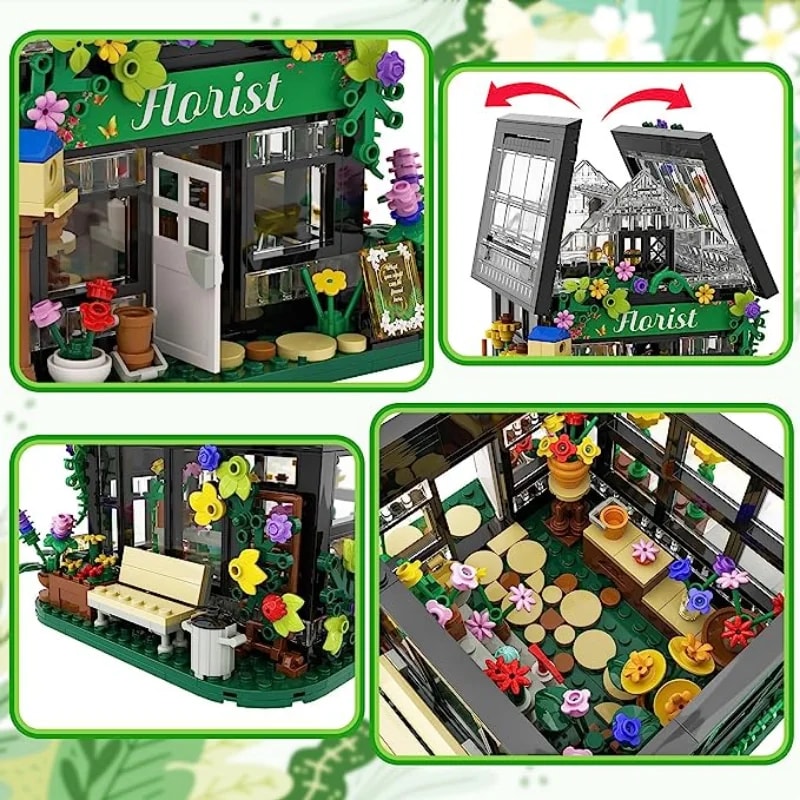 City Street Greenhouse Building Block, Flower House Building Set with LED Lights, Toy Garden Decor for Adults