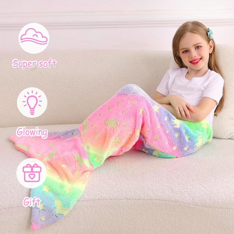 Glow in The Dark Unicorn Mermaid Tail Blanket, Cartoon Rainbow Flannel Blanket for Girls, Super Soft Gift