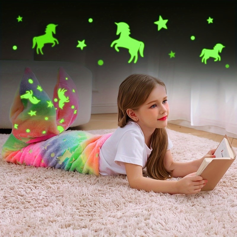 Glow in The Dark Unicorn Mermaid Tail Blanket, Cartoon Rainbow Flannel Blanket for Girls, Super Soft Gift