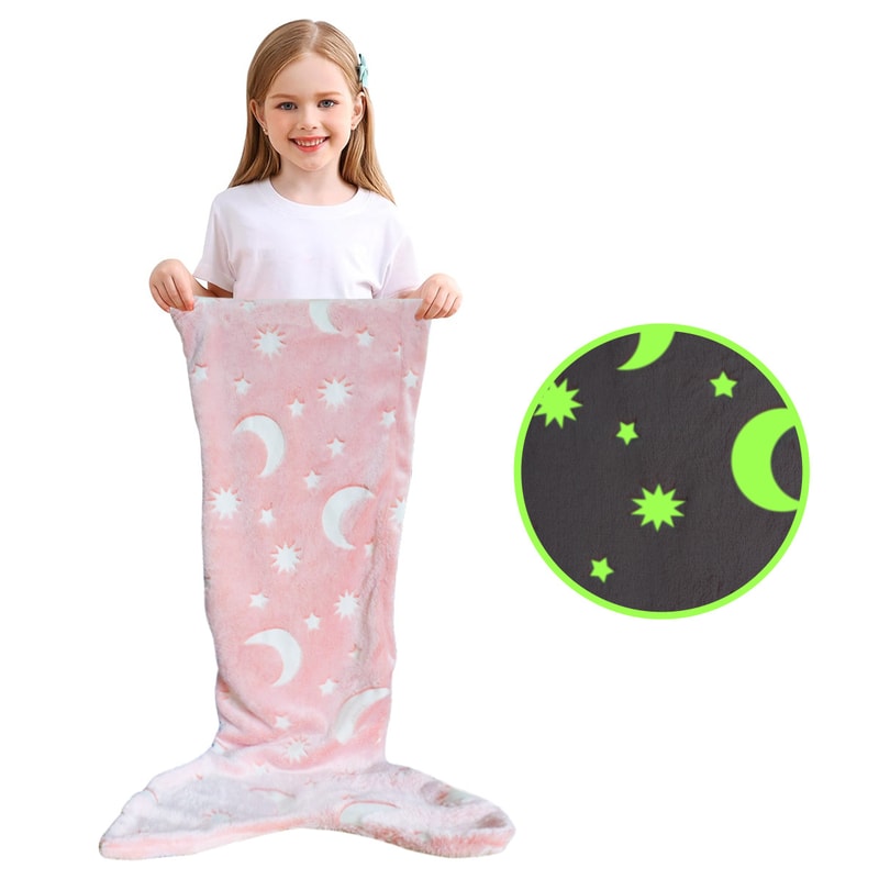 Glow in The Dark Unicorn Mermaid Tail Blanket, Cartoon Rainbow Flannel Blanket for Girls, Super Soft Gift