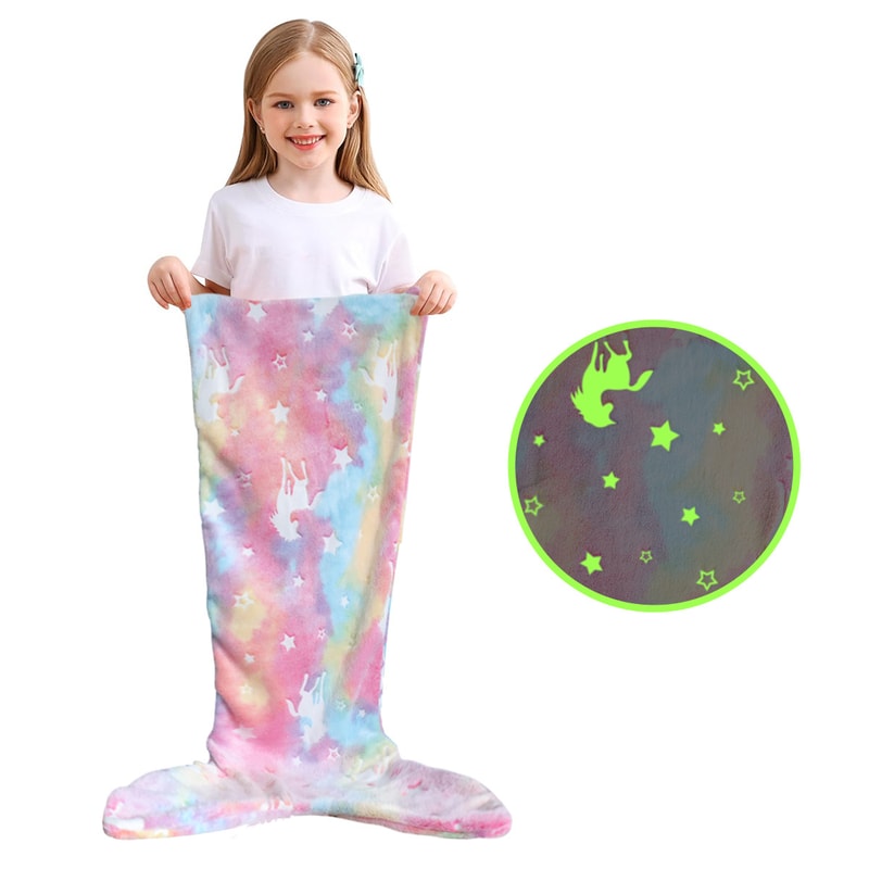 Glow in The Dark Unicorn Mermaid Tail Blanket, Cartoon Rainbow Flannel Blanket for Girls, Super Soft Gift