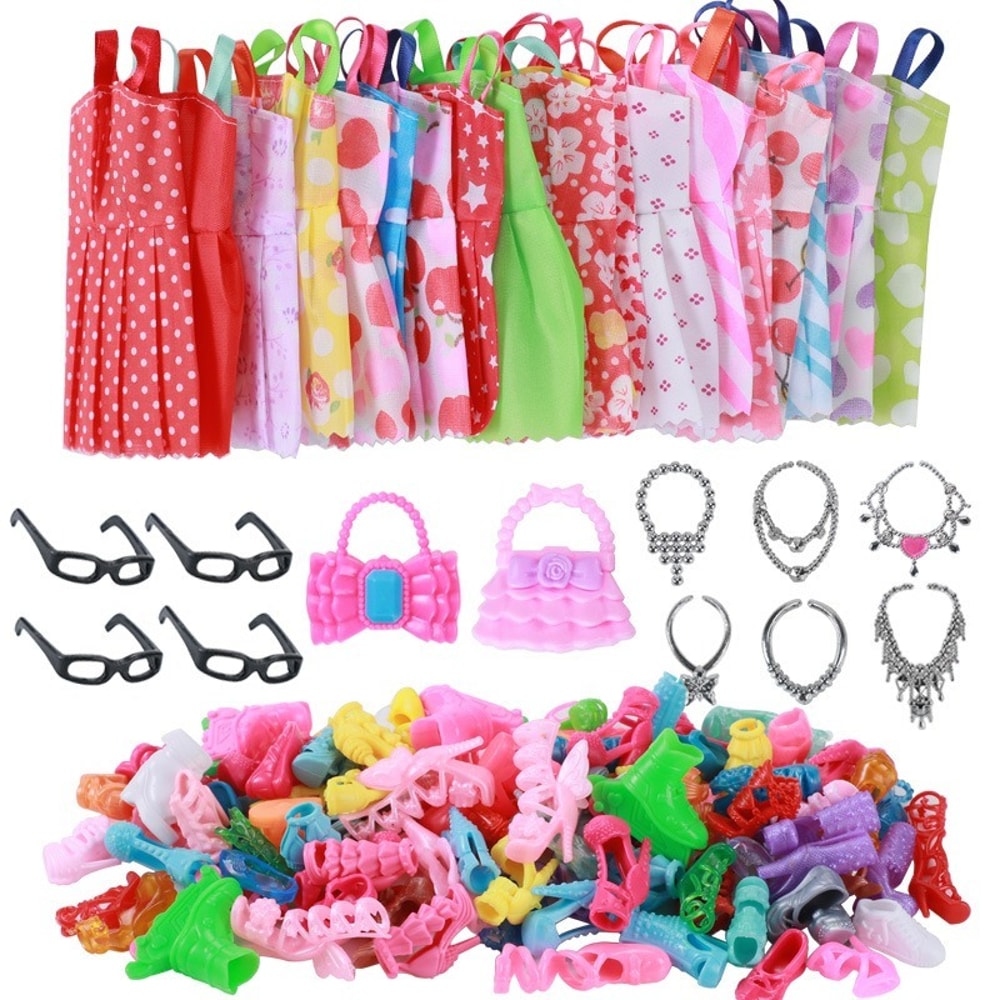 Doll Clothes Set Fashion Dresses Shoes, Glasses Necklaces Handbag for Barbie Doll