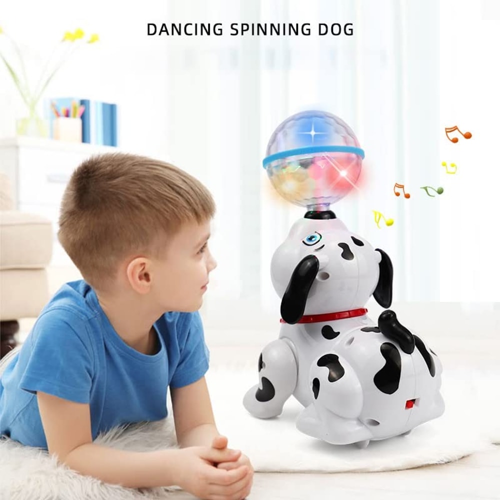 Dancing Dalmatian Dog with Ball, Colorful Flashing Lights, Spinning Toy for Small Babies & Toddlers