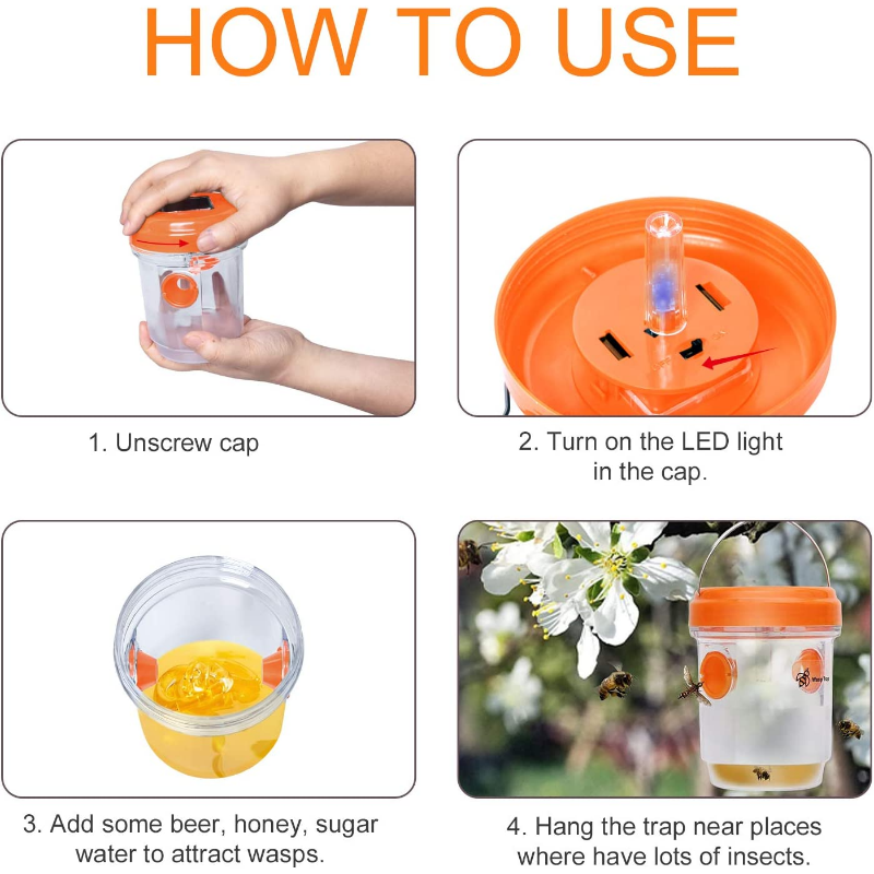 Reusable Bee Trap Catcher For Hornets Solar Wasp Traps Hanging Yellow Jacket Trap With UV LED Light 2