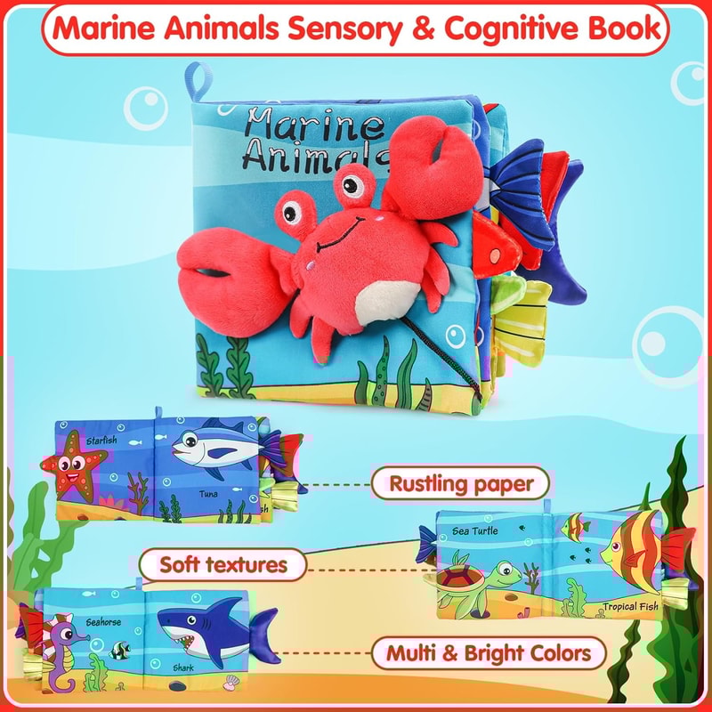 Crinkle Cloth Book, Baby Soft Books Toys, Marine Animal Tails for Infant, Interactive Stroller Soft Toys, Early