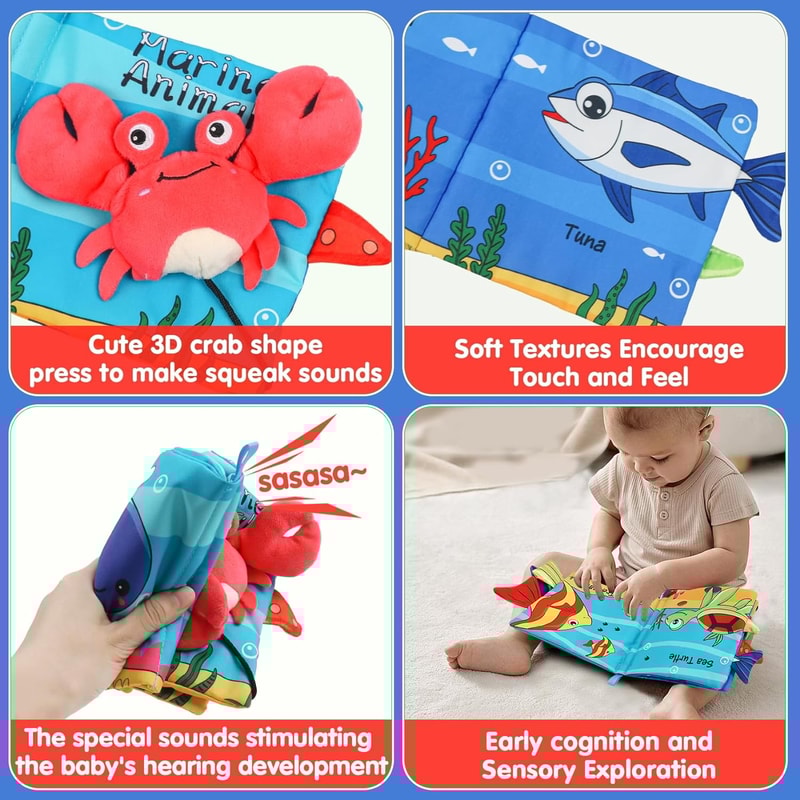 Crinkle Cloth Book, Baby Soft Books Toys, Marine Animal Tails for Infant, Interactive Stroller Soft Toys, Early