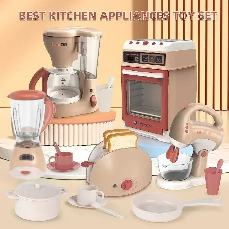Pretend Play Kitchen Accessories for Kids with Blender, Toaster, Coffee Maker, Mixer, Vacuum with Lights & Sounds