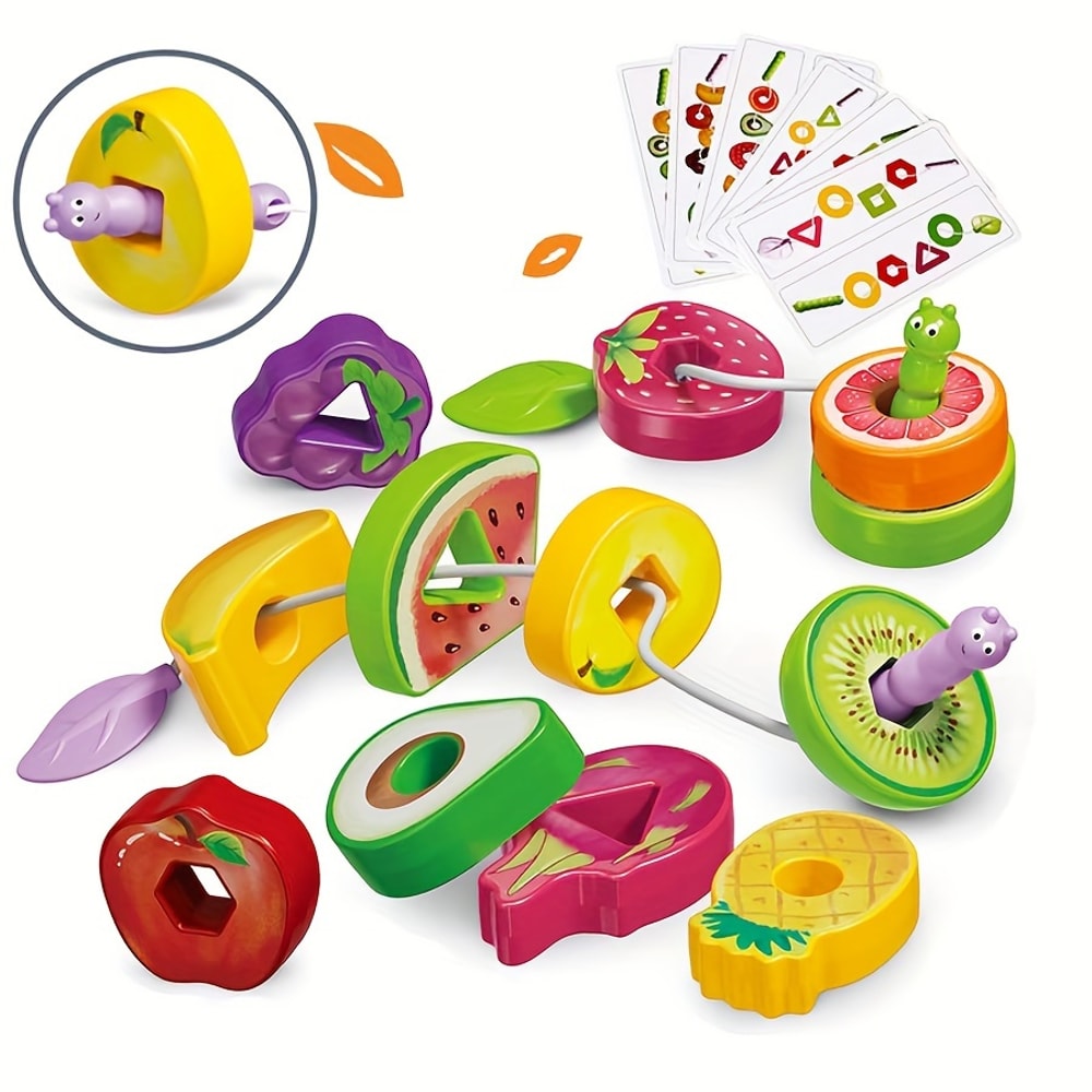 Montessori Wooden Animals Caterpillar Eat Fruits, Toddler Preschool Lacing Toys for Kids