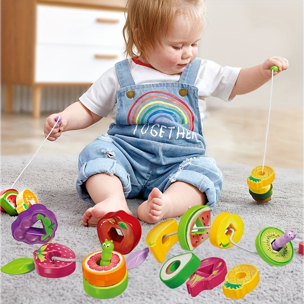 Montessori Wooden Animals Caterpillar Eat Fruits, Toddler Preschool Lacing Toys for Kids