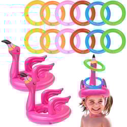 pink inflatable flamingo ring toss game – fun party toy for kids with random color rings