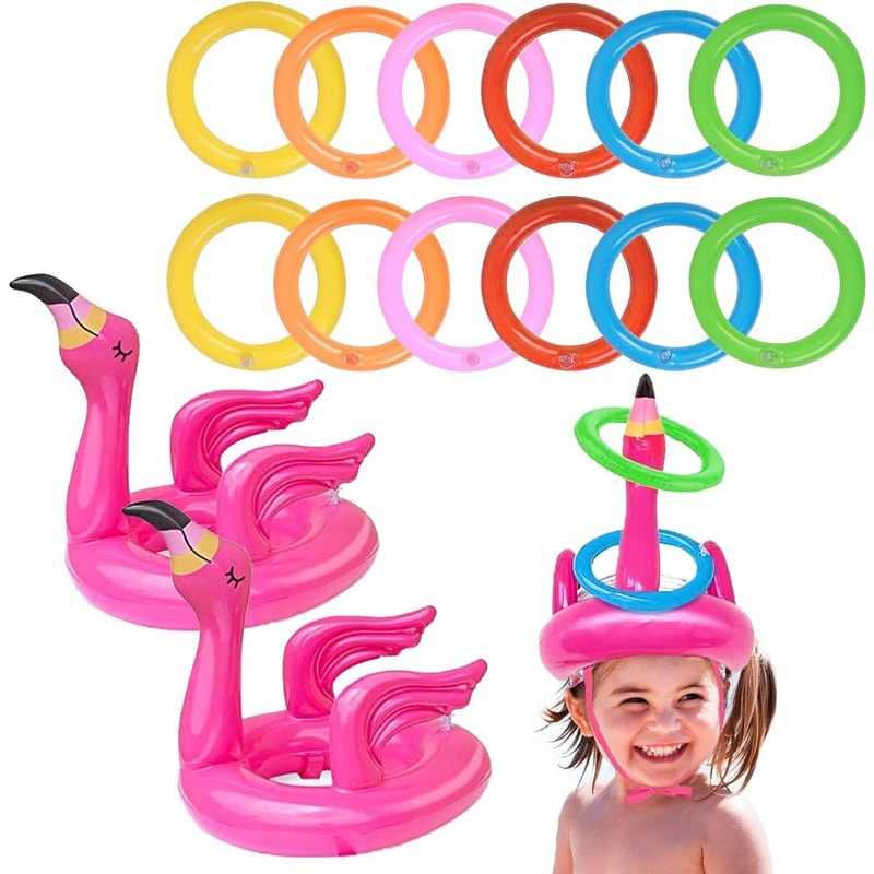 Pink Inflatable Flamingo Ring Toss Game – Fun Party Toy for Kids with Random Color Rings