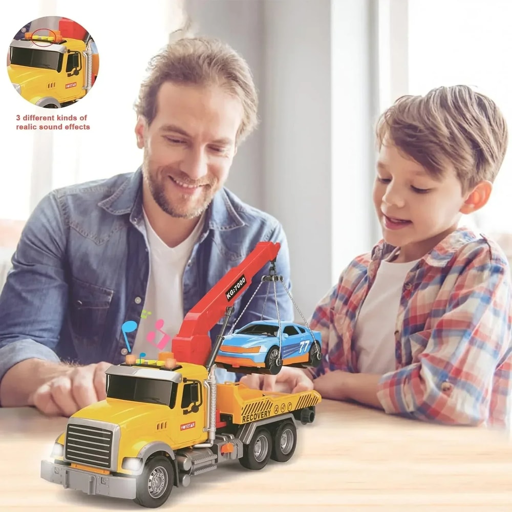 Tow Truck Toy for Kids – Friction Powered Tow Vehicle with Light & Sound, Trailer & Hook, Ideal for Boys