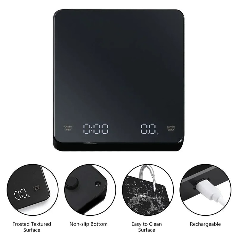 Digital Coffee Scale with Timer, Rechargeable USB, LED Screen, High Precision for Kitchen & Espresso Machines