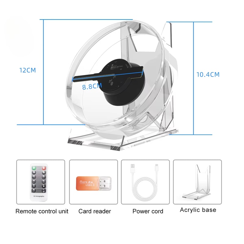 Mini 3D Holographic Projector Fan for Desktop – LED Advertising Machine with Remote Control & Stand