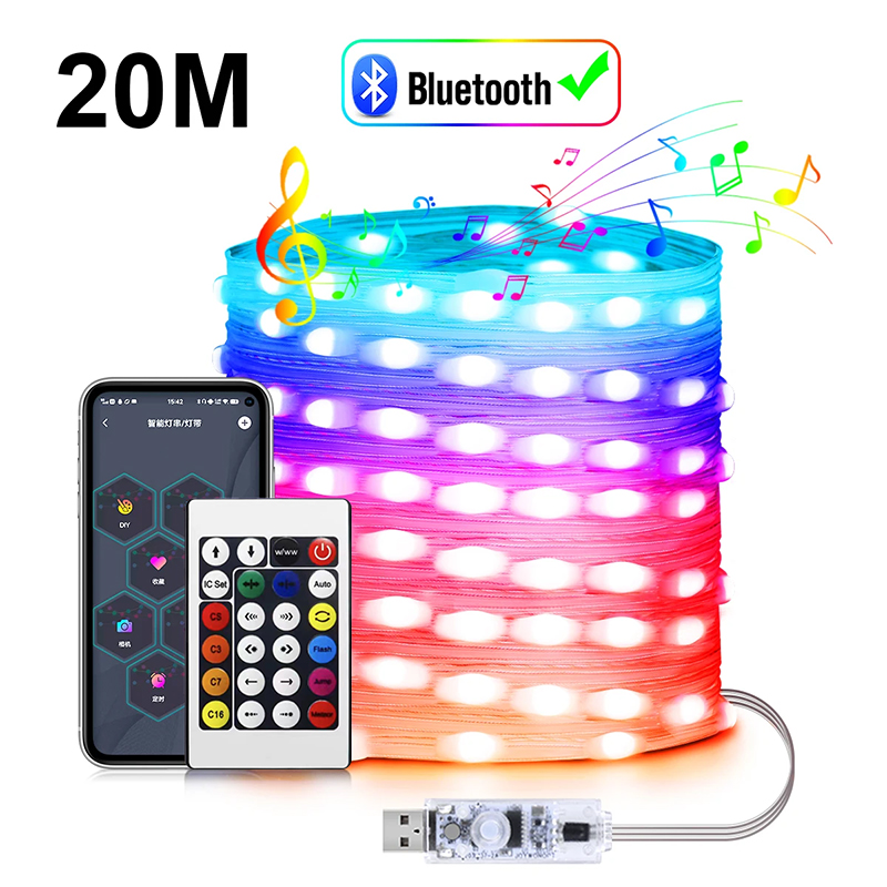 RGBIC LED String Lights with Bluetooth Music Control – Programmable DIY Fairy Lights for Party and Holiday Decor
