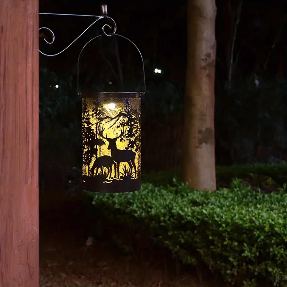 Solar Lantern with Deer and Forest Pattern – Hollow Projection Light for Outdoor Garden Decor