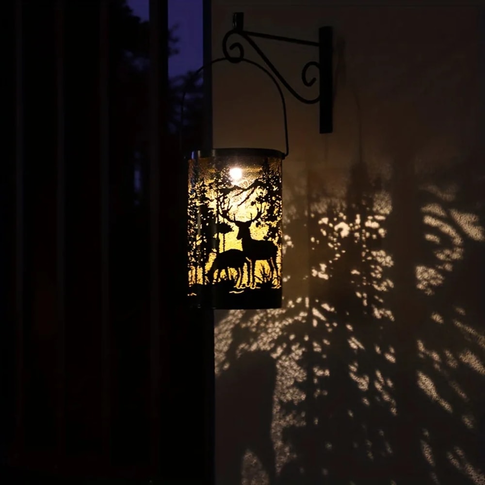 Solar Lantern with Deer and Forest Pattern – Hollow Projection Light for Outdoor Garden Decor