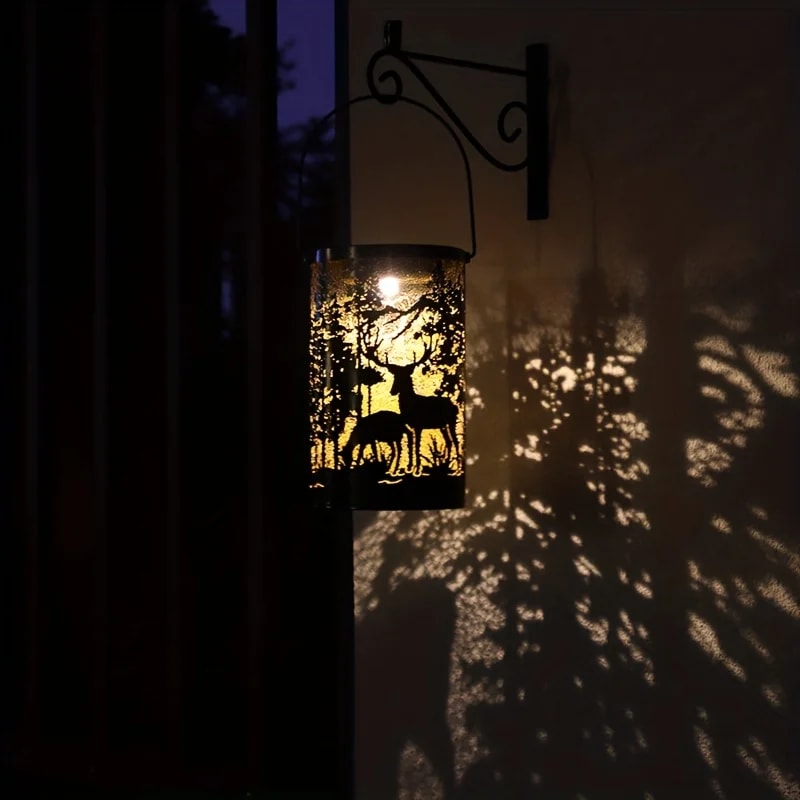 Solar Lantern with Deer and Forest Pattern – Hollow Projection Light for Outdoor Garden Decor