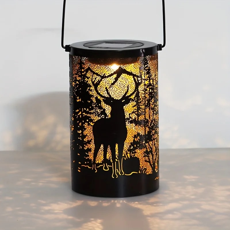 Solar Lantern with Deer and Forest Pattern – Hollow Projection Light for Outdoor Garden Decor