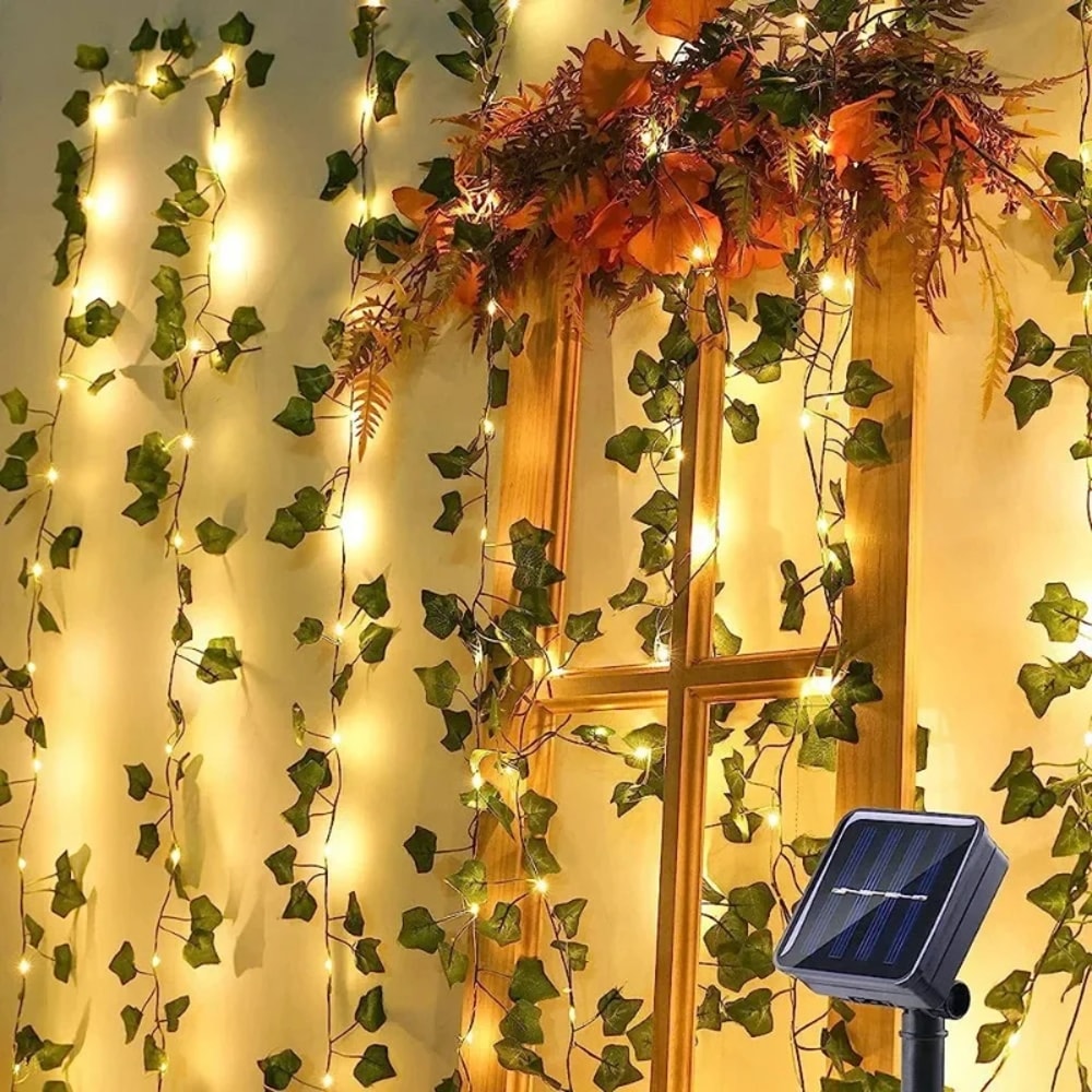Solar Vine Ivy Fairy Lights Garland – Green Leaf String Lights for Garden, Party, and Wedding Decoration