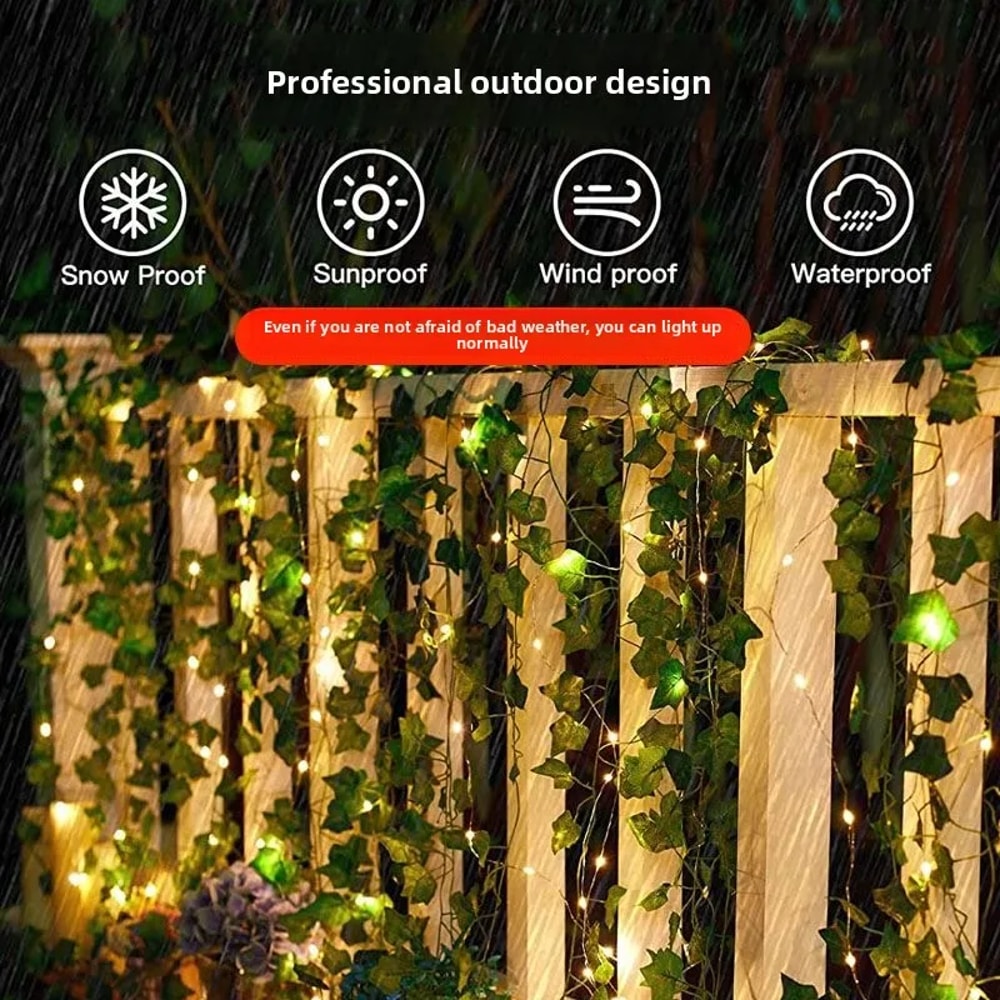 Solar Vine Ivy Fairy Lights Garland – Green Leaf String Lights for Garden, Party, and Wedding Decoration