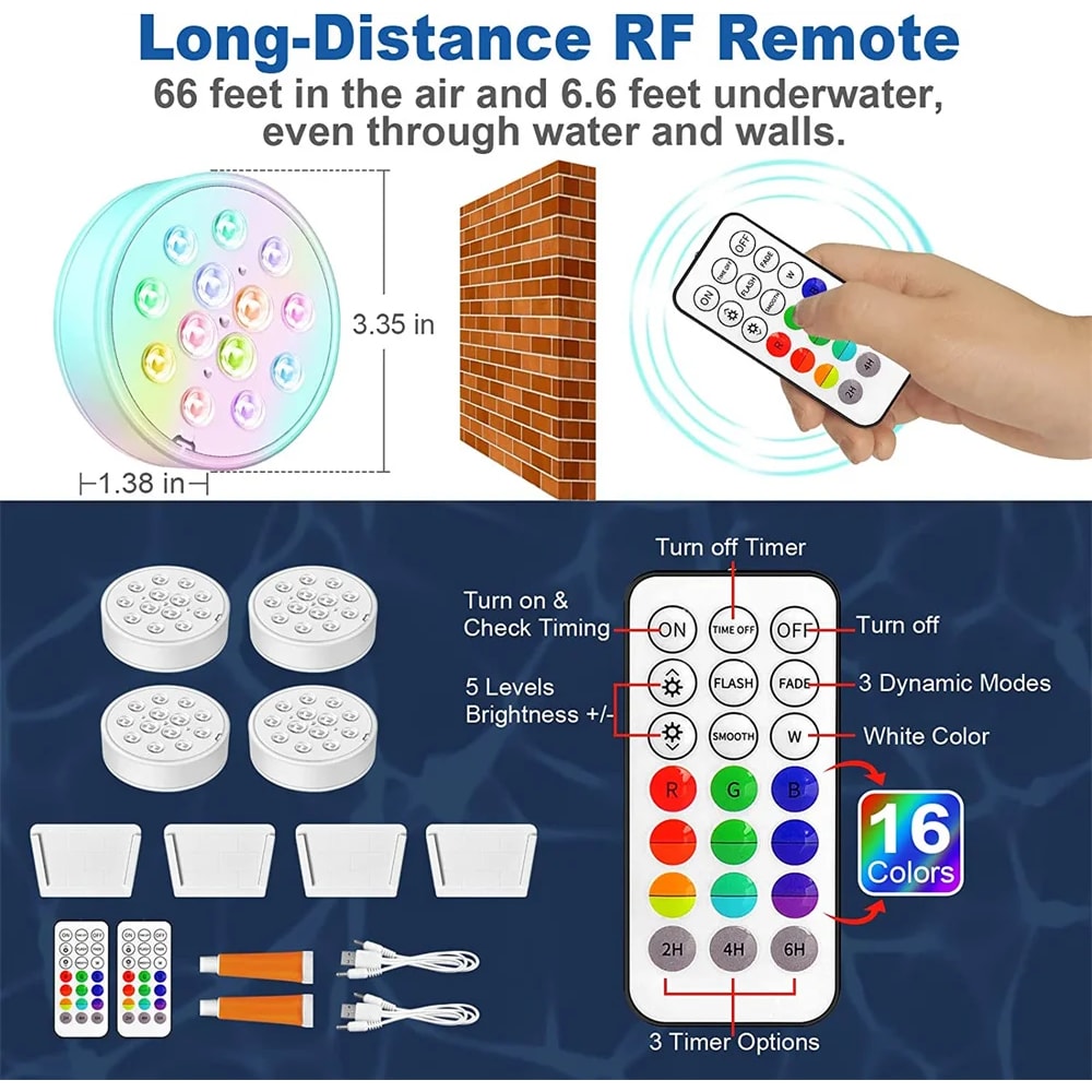USB Rechargeable Pool Lights With Remote Waterproof Submersible LED Pond Lights For Inground Pool