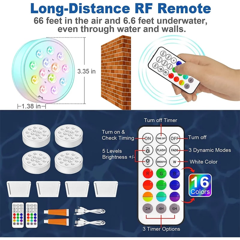 USB Rechargeable Pool Lights With Remote Waterproof Submersible LED Pond Lights For Inground Pool