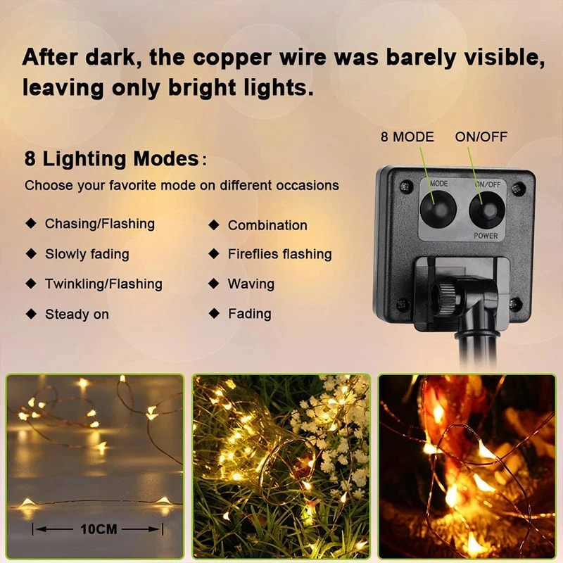Solar String Lights Outdoor Waterproof Copper Wire Fairy Lights for Wedding, Party, and Christmas Decoration