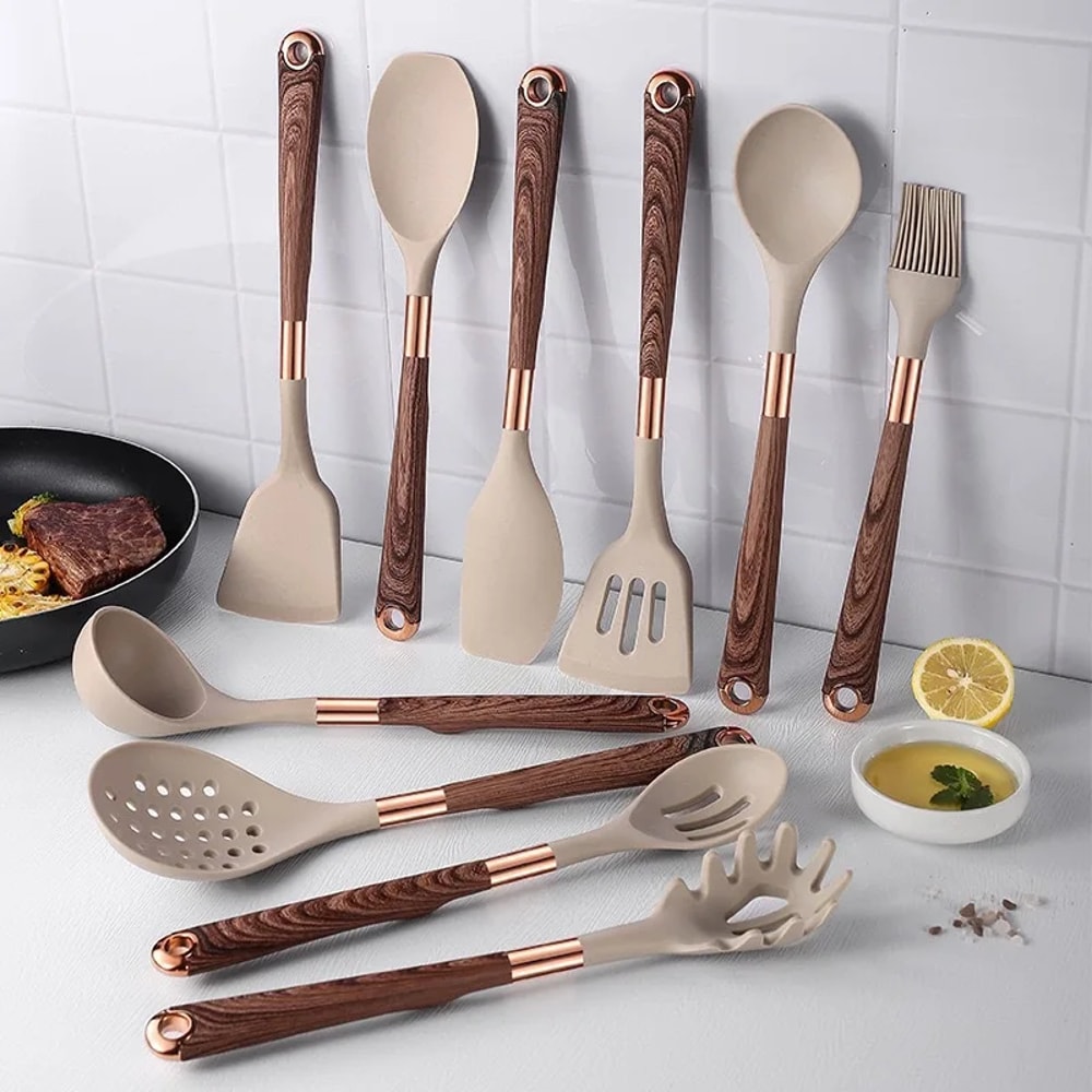 Premium Silicone Kitchen Utensils Set With Goldplated Wood Grain Handles Spatula Spoons Cooking To 1