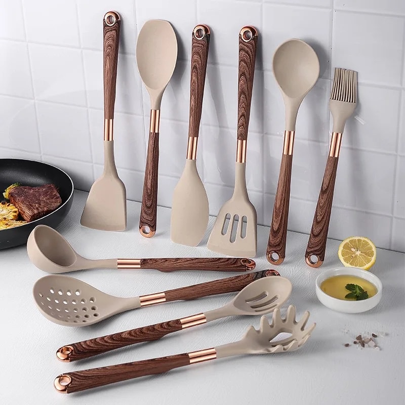 Premium Silicone Kitchen Utensils Set With Goldplated Wood Grain Handles Spatula Spoons Cooking To 1