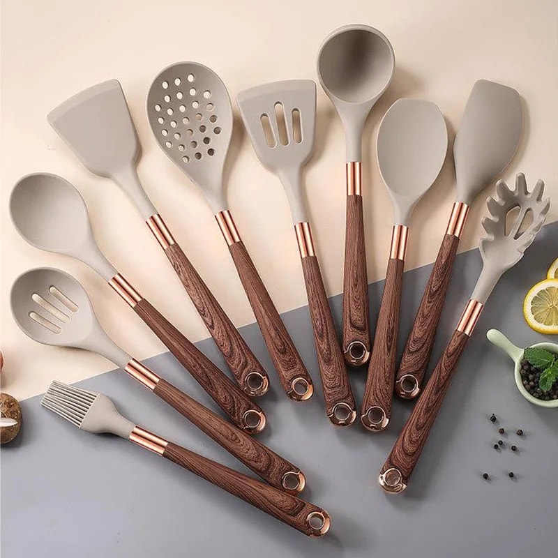 Premium Silicone Kitchen Utensils Set With Goldplated Wood Grain Handles Spatula Spoons Cooking To 2