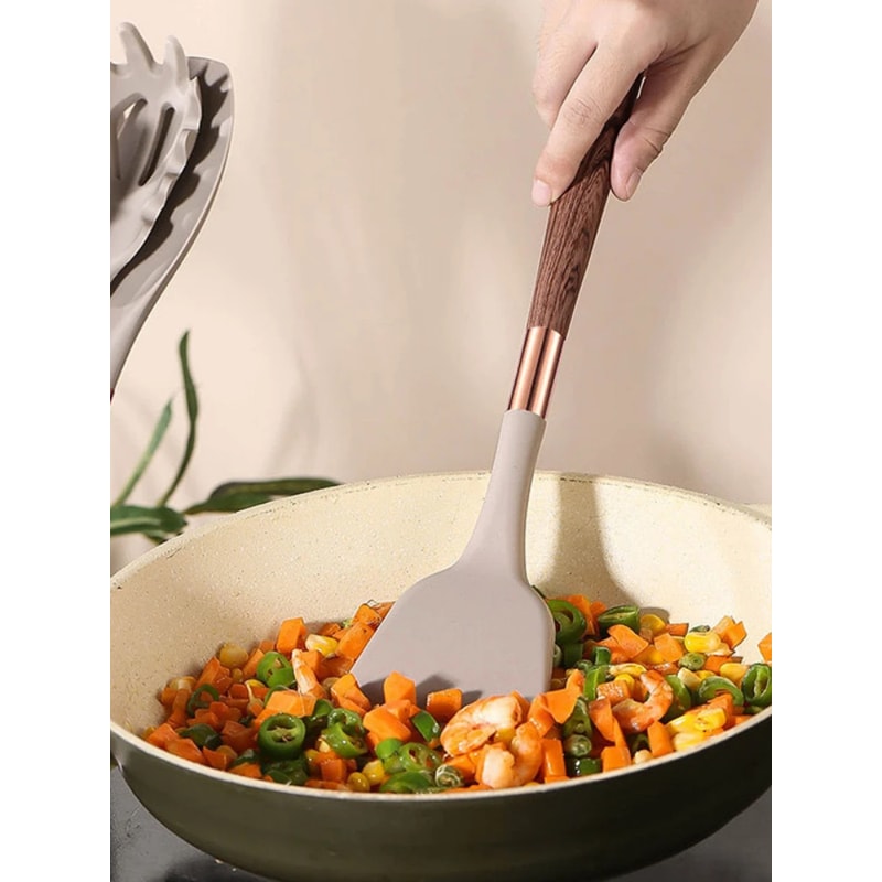 Premium Silicone Kitchen Utensils Set With Goldplated Wood Grain Handles Spatula Spoons Cooking To 3