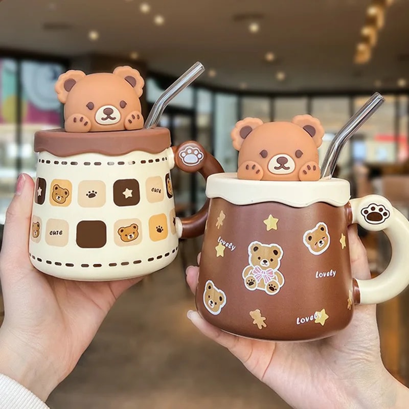 Creative Bear Ceramic Mug With Lid Straw Large Capacity Coffee Cup For Breakfast Milk 0