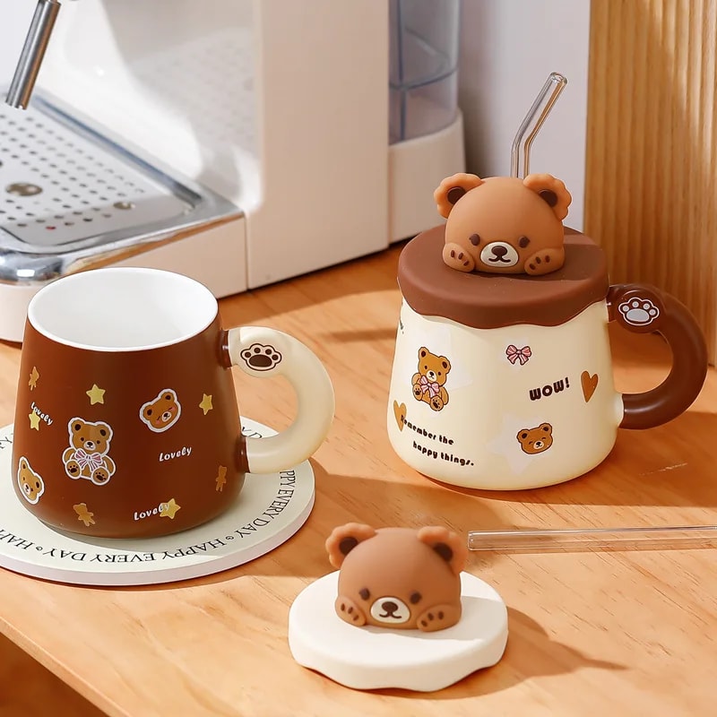 Creative Bear Ceramic Mug With Lid Straw Large Capacity Coffee Cup For Breakfast Milk 1