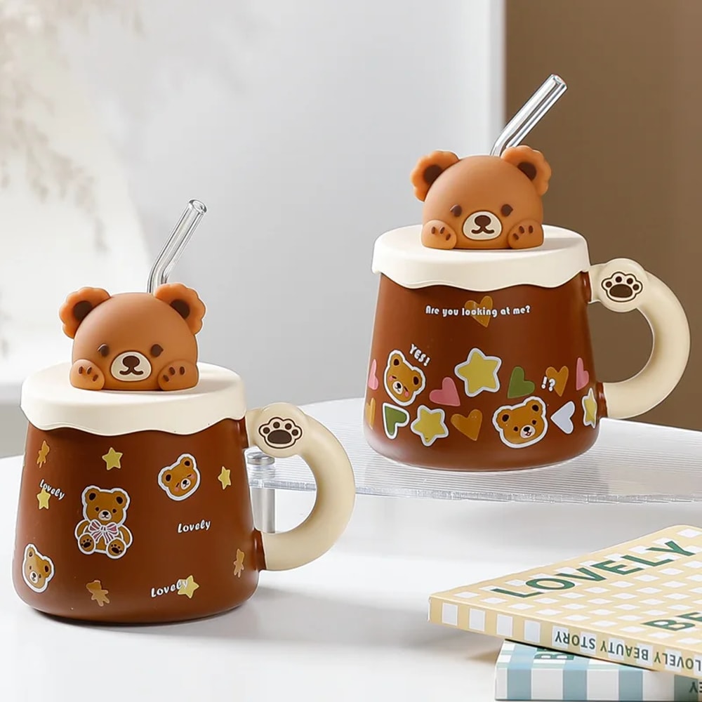 Creative Bear Ceramic Mug With Lid Straw Large Capacity Coffee Cup For Breakfast Milk 2