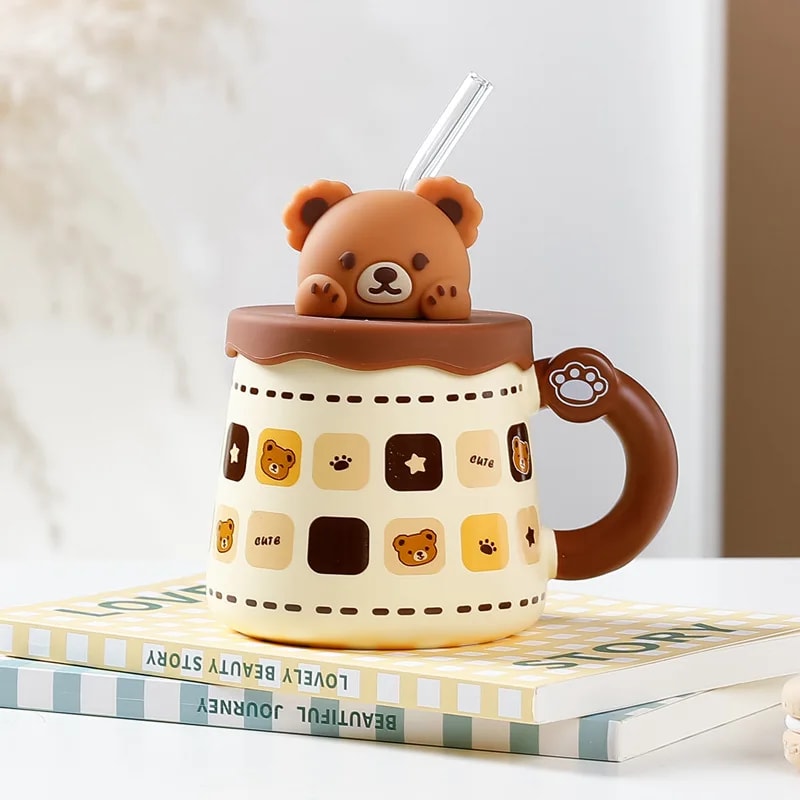 Creative Bear Ceramic Mug With Lid Straw Large Capacity Coffee Cup For Breakfast Milk 5