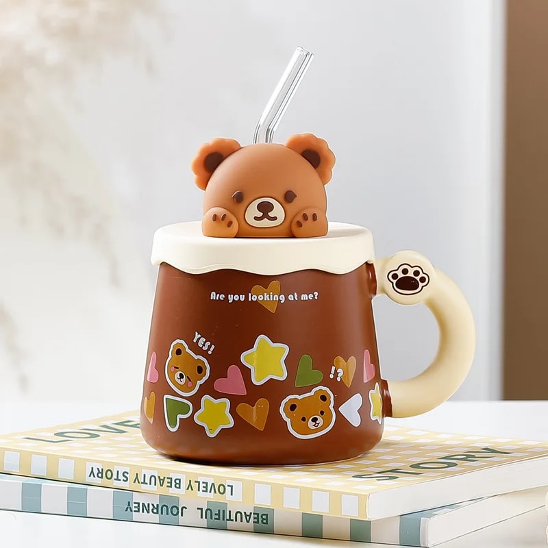 Creative Bear Ceramic Mug With Lid Straw Large Capacity Coffee Cup For Breakfast Milk 6