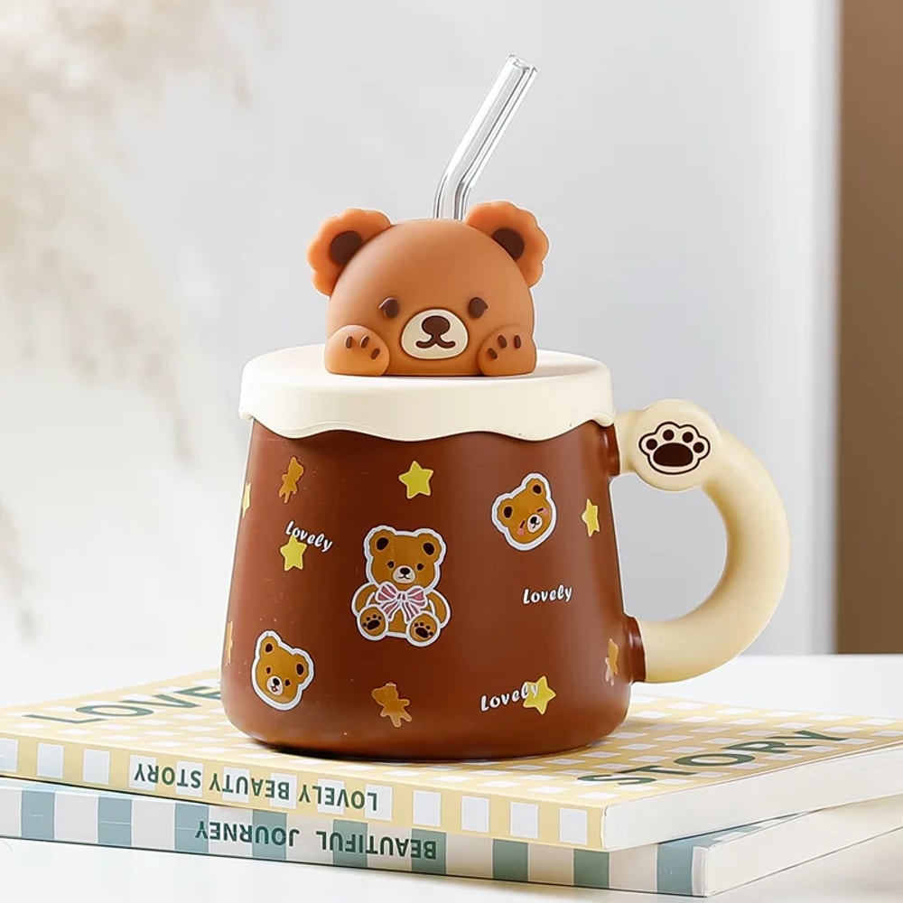 Creative Bear Ceramic Mug With Lid Straw Large Capacity Coffee Cup For Breakfast Milk 7