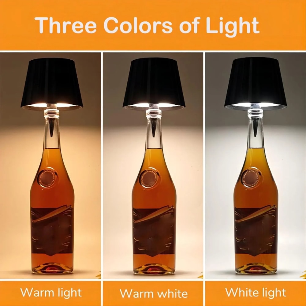 Wireless Bottle Table Lamp with Touch Control – 3 Colors and Stepless Dimming, Night Lamp for Outdoor Bar and Wine