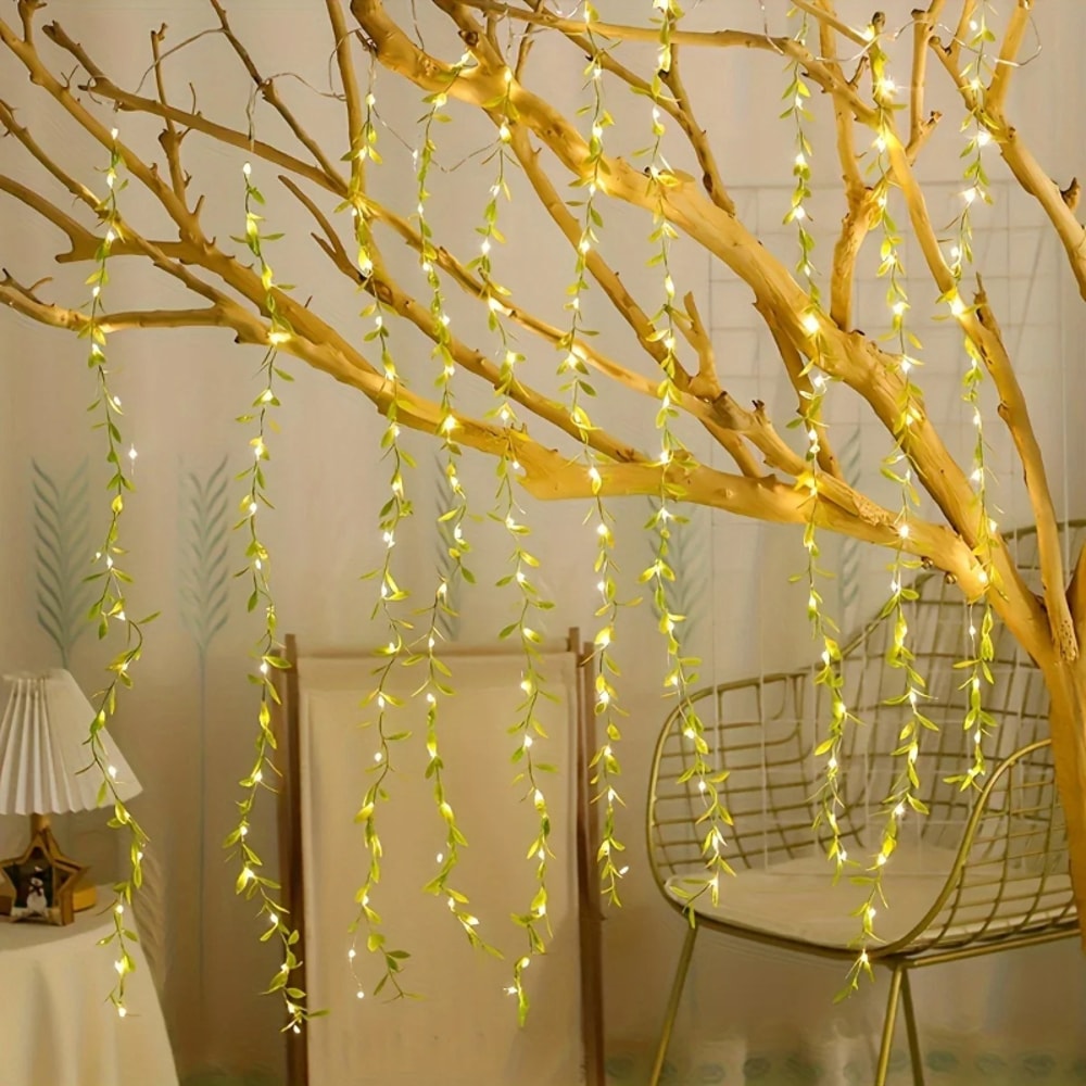 Willow Curtain Lamp With Lights BatteryOperated Imitation Leaf String Light For Home Decor 0